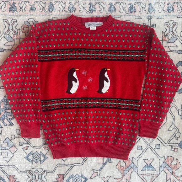 Vintage Sweaters - Vintage Kate Collins Holiday Sweater Embroidered Penguins - size Small
